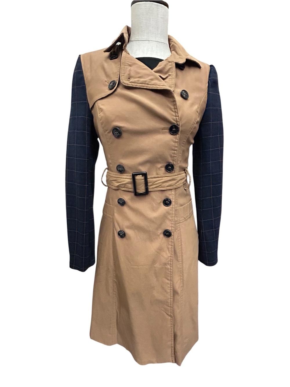 Anthropologie Trench Coat Women Small Tan Blue Classic Sophisticated Plaid Harly